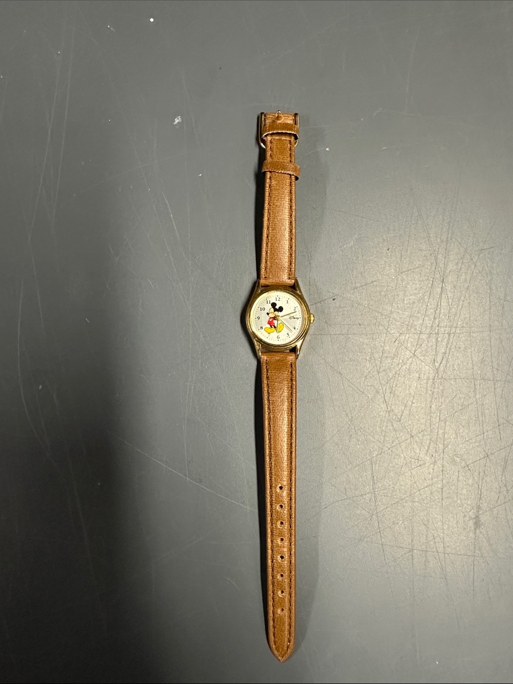 Vintage Disney Brown Leather Strap Watch with Gold-Tone Case
